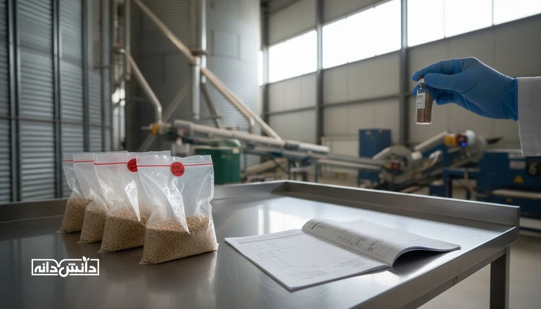 نمونه‌برداری و ثبت نتایج کنترل کیفیت نهاده؛ کیسه‌های نمونه، ویال آزمایش و فرم‌های بررسی در کارخانه